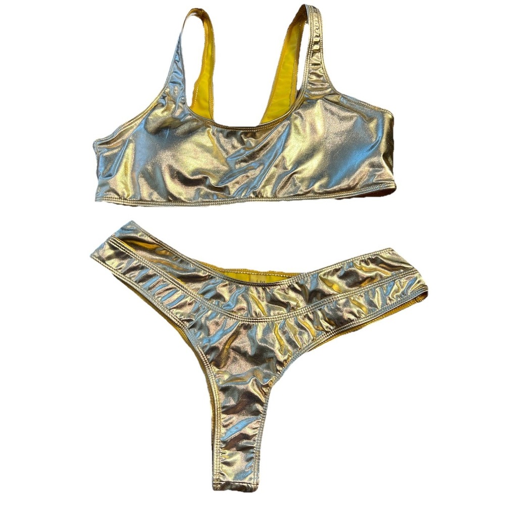 Gold Metallic Bikini Set 2 Piece Shiny Thong Bottom Festival Rave Swim Party